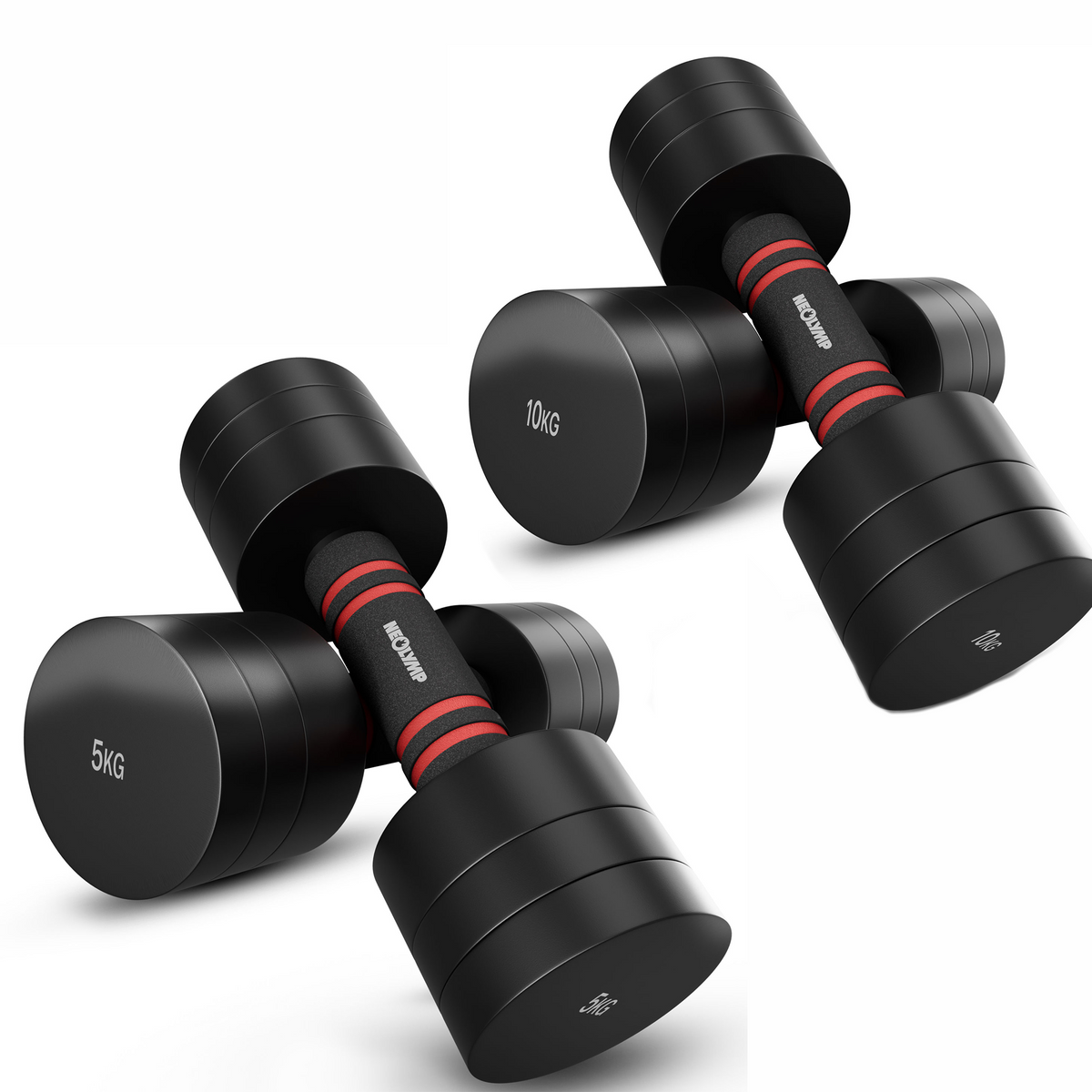 Verstellbare Chrome-Kurzhanteln in schwarz - 5 & 10kg - 4er Set Kurzhanteln - Hantel von NEOLYMP | Fitnessequipment und Sportartikel