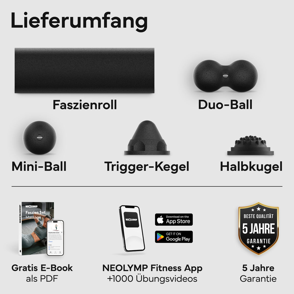 5-teiliges Faszienrollen Set | B-Ware - - Outlet von NEOLYMP | Fitnessequipment und Sportartikel