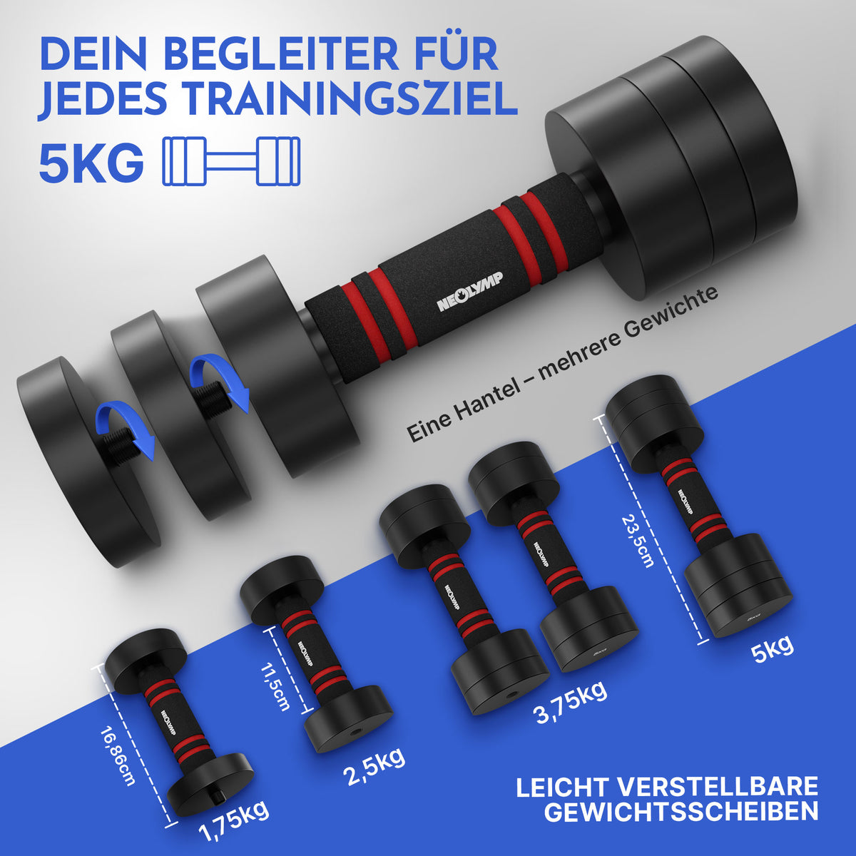 Verstellbare Chrome-Kurzhanteln in schwarz - 5 & 10kg - - Hantel von NEOLYMP | Fitnessequipment und Sportartikel