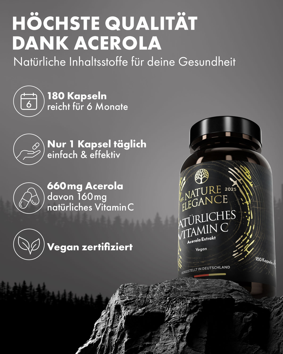 Nature Elegance - Vitamin C - aus Acerola-Superfrucht, vegane Kapseln (2er Pack (360 Stück)) - - Nahrungsergänzungsmittel von NEOLYMP | Fitnessequipment und Sportartikel