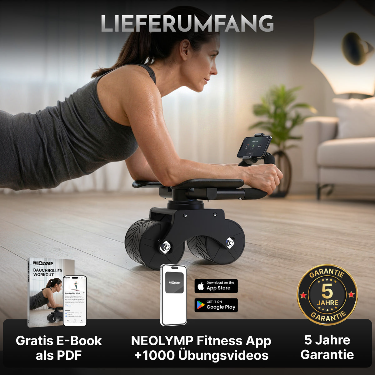 Bauchroller mit Unterarm-Auflage (schwarz) - Patentiert, 180° drehbar - - Bauchtrainer von NEOLYMP | Fitnessequipment und Sportartikel