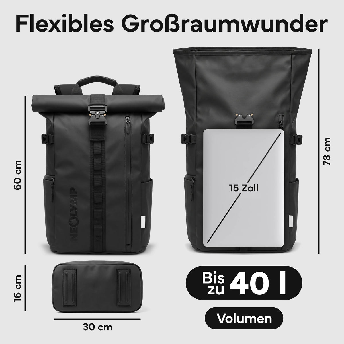 Rucksack Rolltop 40 Liter - Wasserdicht - - Outdoor-Equipment von NEOLYMP | Fitnessequipment und Sportartikel
