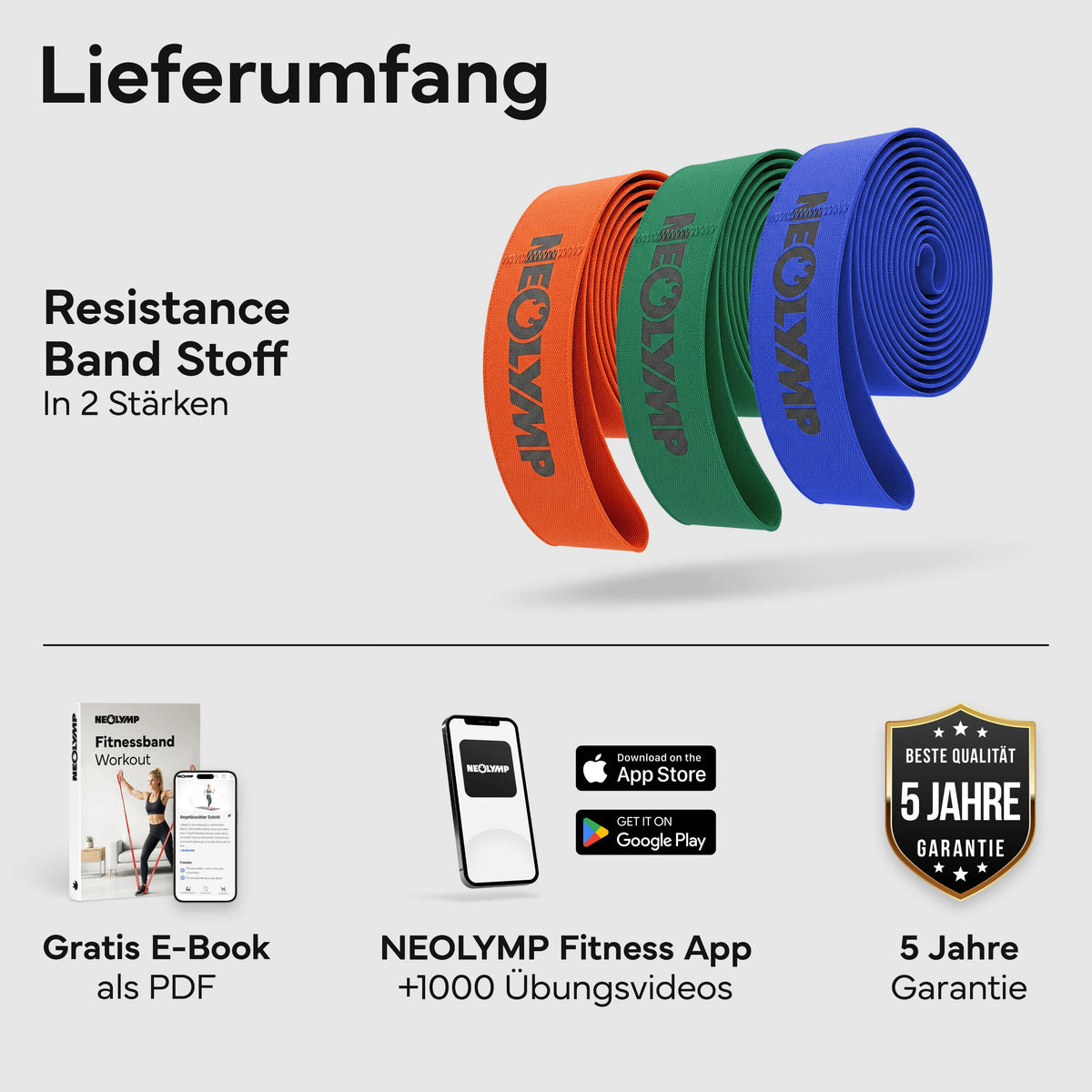 Resistance Bands aus Stoff - extra lang, 5 Stärken - 3er-Set - Fitnessbänder von NEOLYMP | Fitnessequipment und Sportartikel