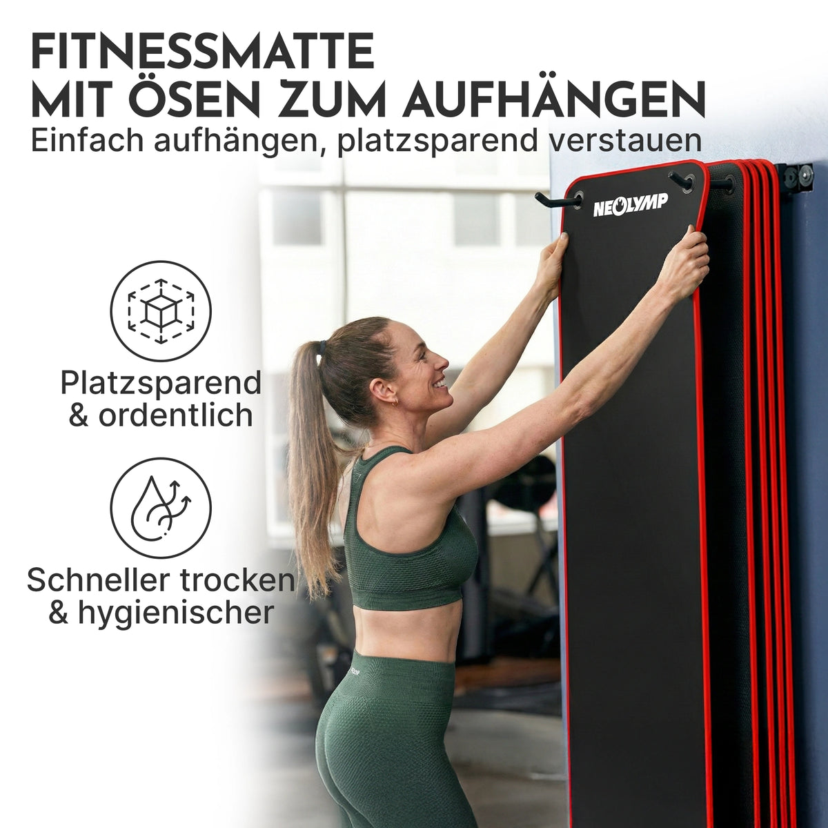 Fitnessmatte mit Ösen - extra dick und rutschfest – Schwarz / Rot (61 cm) / 1 Matte | B-Ware - - Outlet von NEOLYMP | Fitnessequipment und Sportartikel