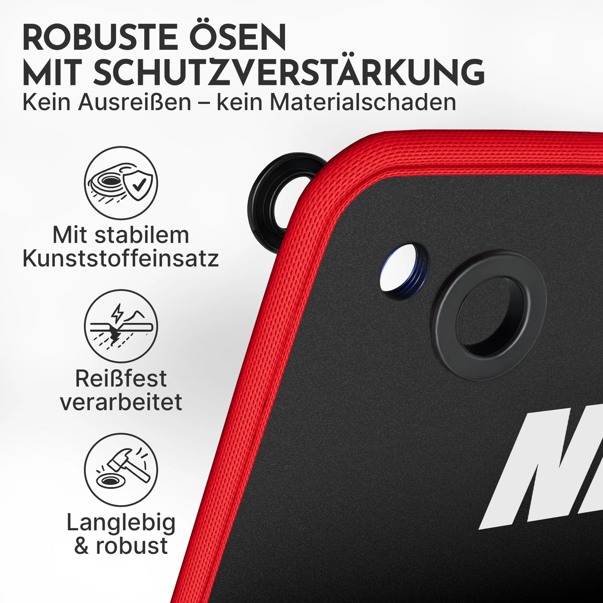 Fitnessmatte mit Ösen - extra dick und rutschfest – Schwarz / Rot (61 cm) / 1 Matte | B-Ware - - Outlet von NEOLYMP | Fitnessequipment und Sportartikel