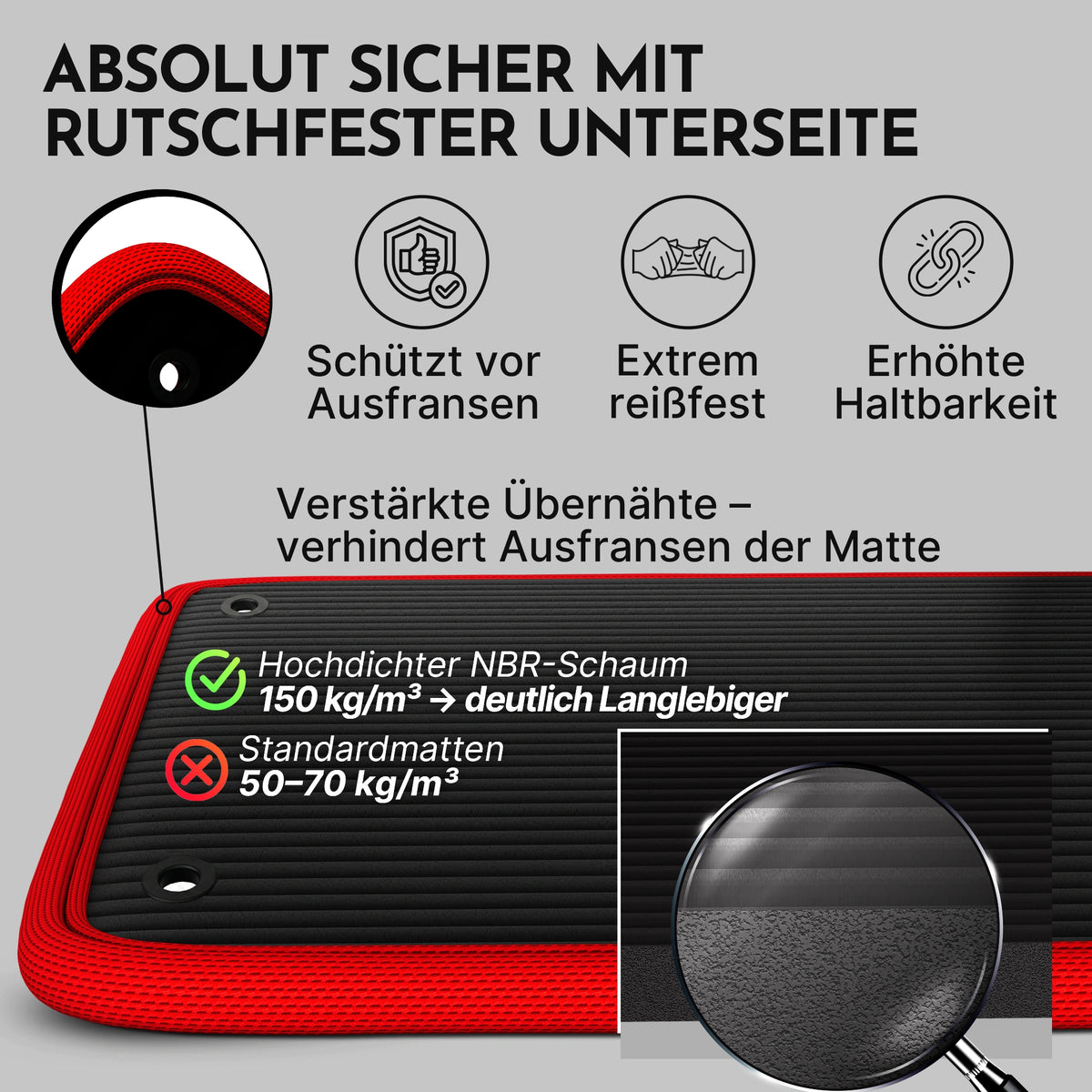 Fitnessmatte mit Ösen - extra dick und rutschfest – Schwarz / Rot (61 cm) / 1 Matte | B-Ware - - Outlet von NEOLYMP | Fitnessequipment und Sportartikel
