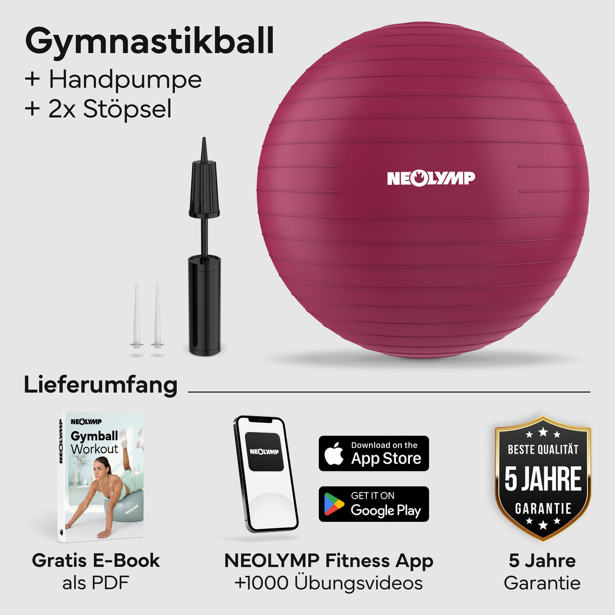 Gymnastikball - für aktives Sitzen, Recovery und Physio – Berry / M (165 cm) | B-Ware - - Outlet von NEOLYMP | Fitnessequipment und Sportartikel
