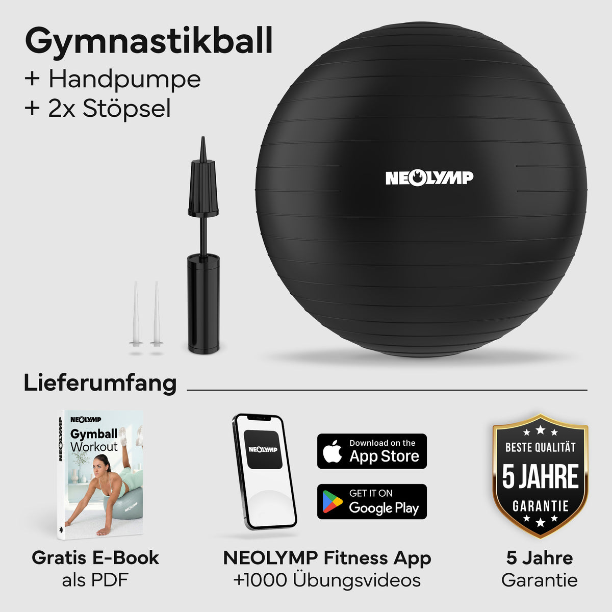 Gymnastikball - für aktives Sitzen, Recovery und Physio - Schwarz - Sportgerät von NEOLYMP | Fitnessequipment und Sportartikel