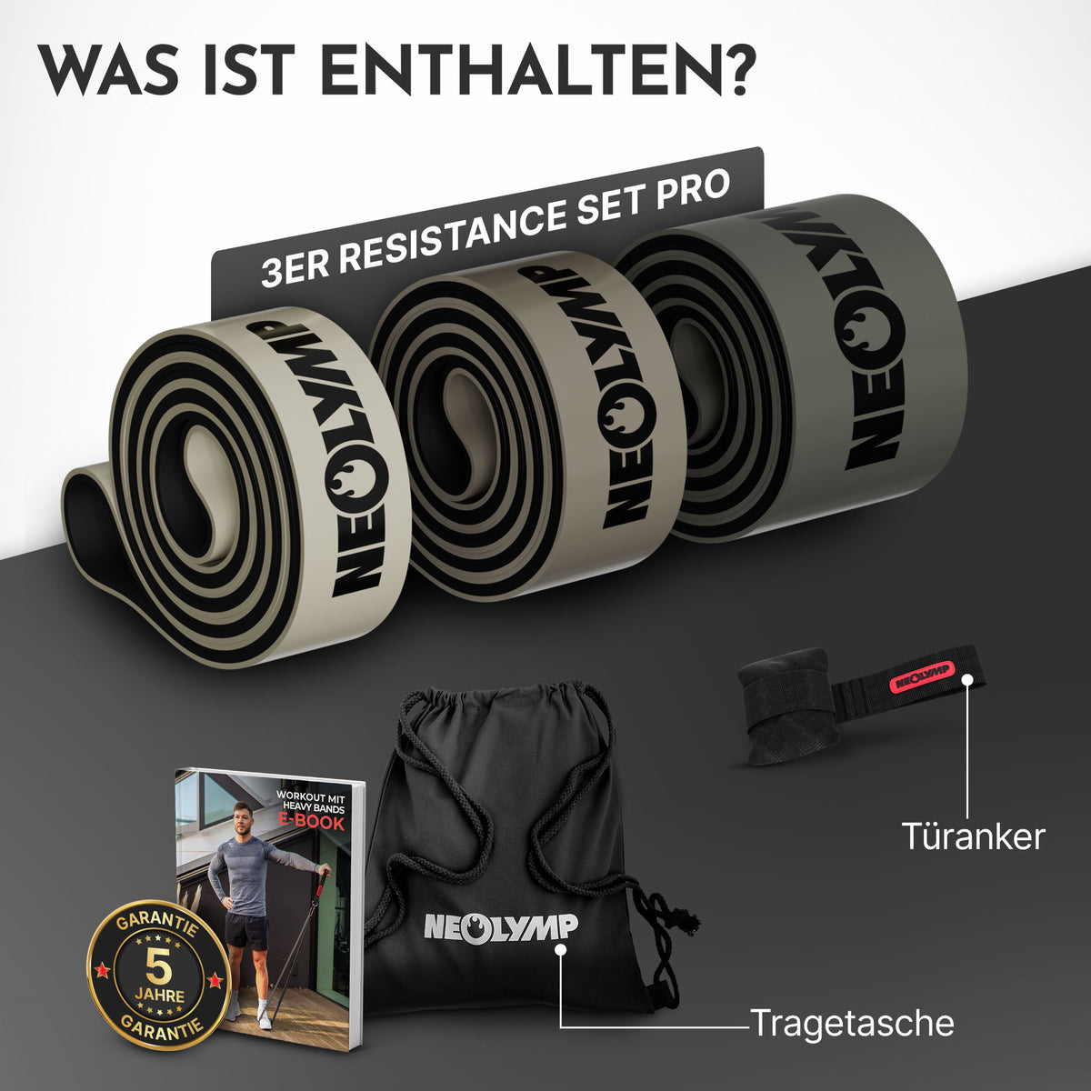 Heavy Resistance Bands aus Latex - grau - 3er Set Pro - Fitnessbänder von NEOLYMP | Fitnessequipment und Sportartikel