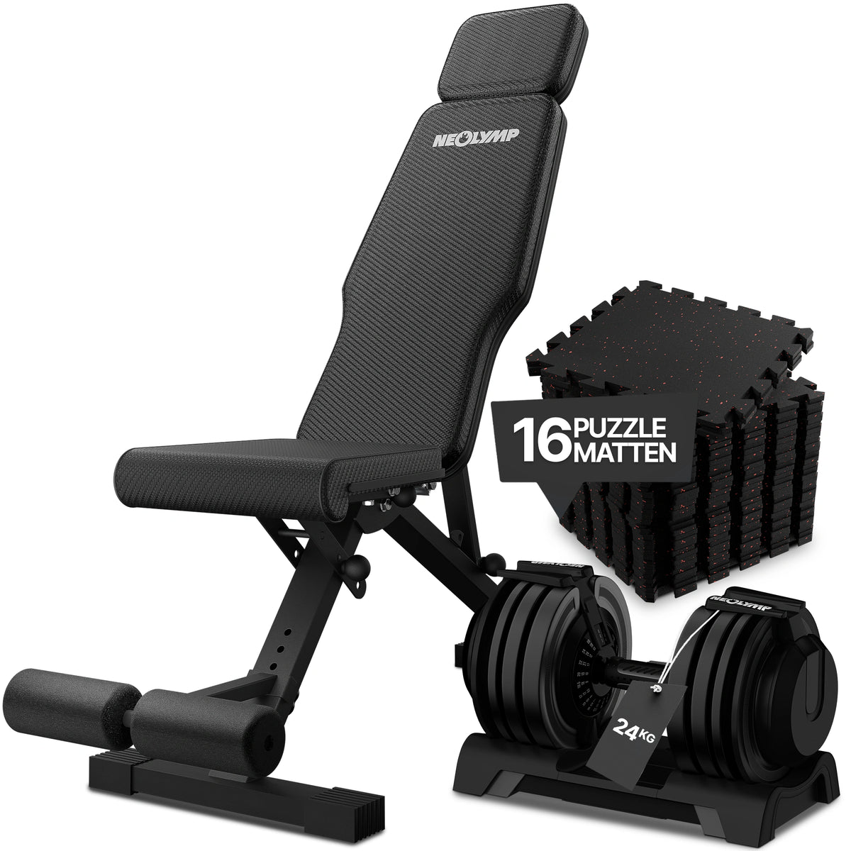 Hantelbank schwarz - rutschfest, mit Carbonfaser-Bezug - Hantel + Bank Bundle: 24 kg - Sportgerät von NEOLYMP | Fitnessequipment und Sportartikel