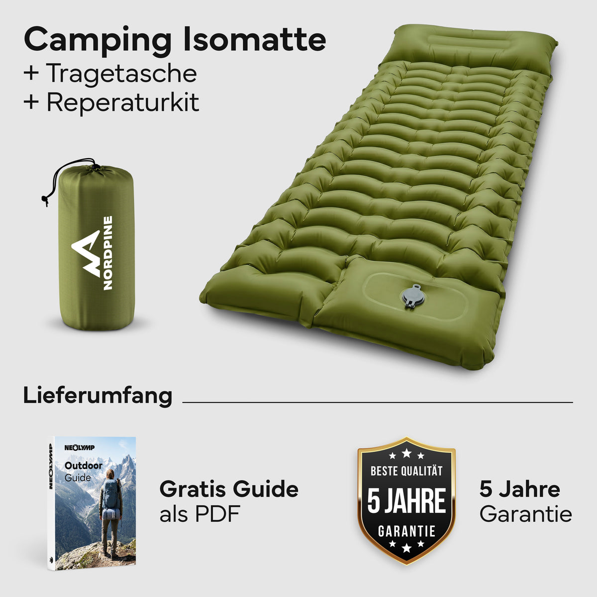 Isomatte Single - kombinierbar, integrierte Luftpumpe - Army Green - Campingartikel von NORDPINE | Outdoor-Equipment, Wandern, Camping