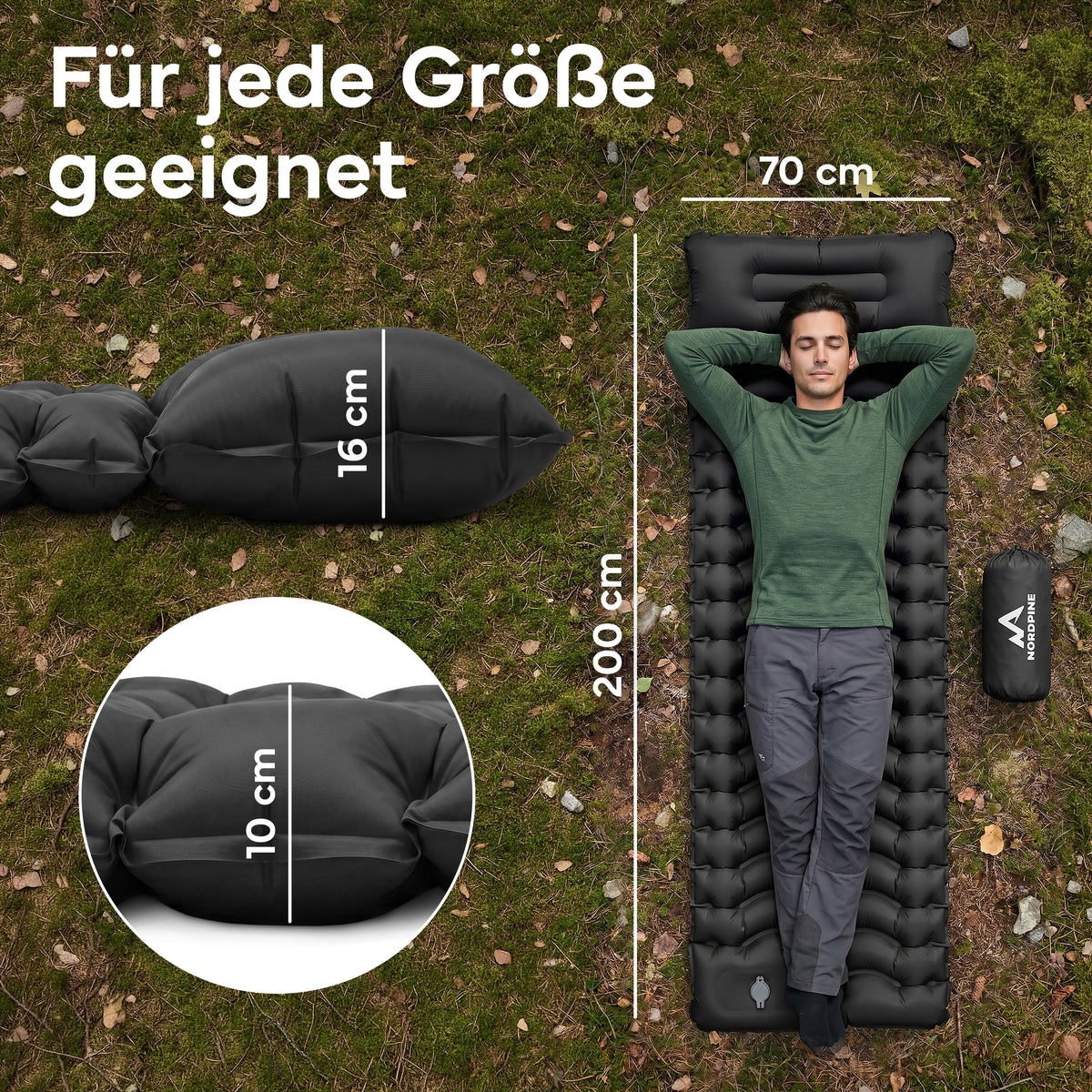 Isomatte Single - kombinierbar, integrierte Luftpumpe - Schwarz - Campingartikel von NORDPINE | Outdoor-Equipment, Wandern, Camping