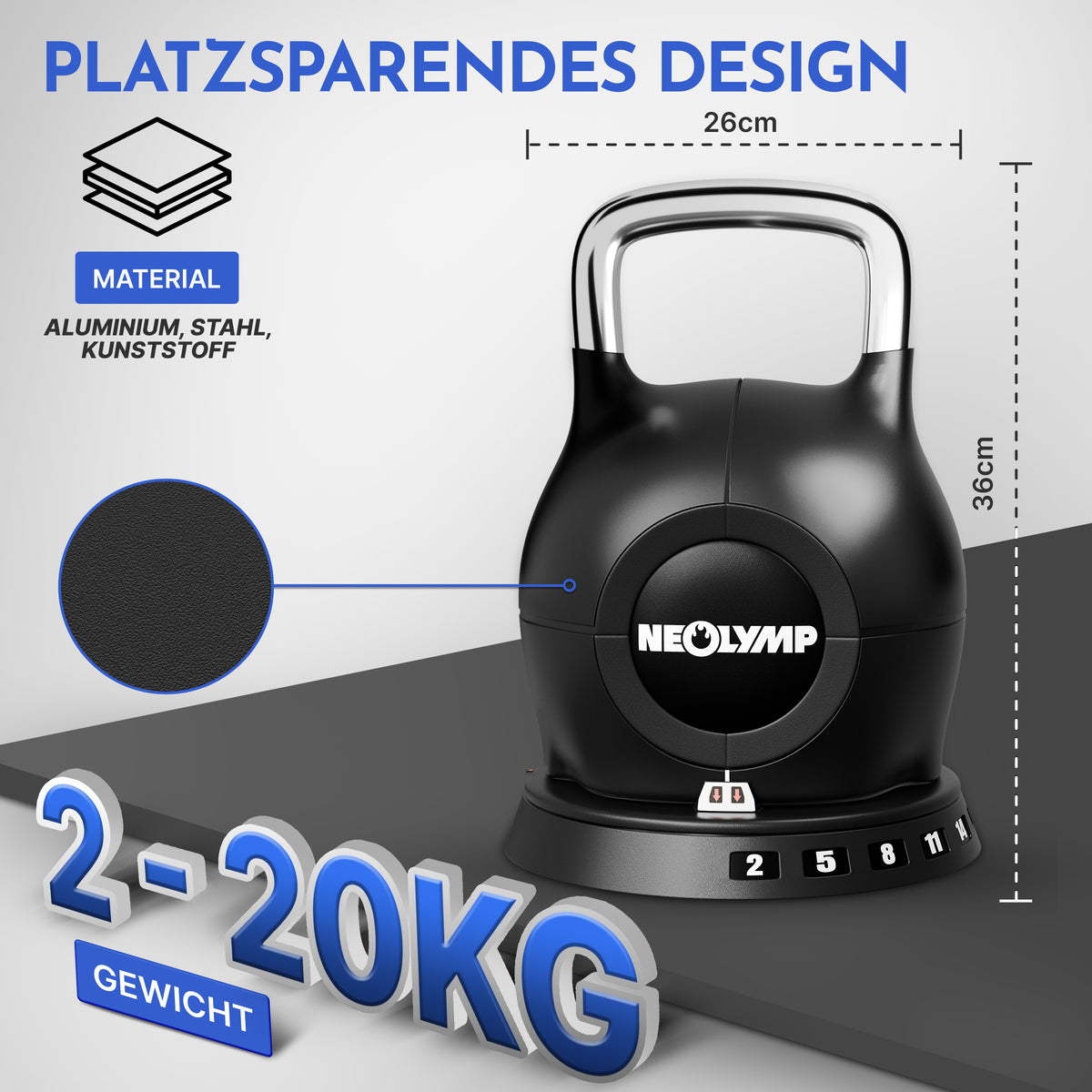 Kettlebell mit verstellbarem Gewicht (7 in 1) - bis 10 kg oder 20 kg - Kettlebell verstellbar 2-20 kg - Kettlebell von NEOLYMP | Fitnessequipment und Sportartikel