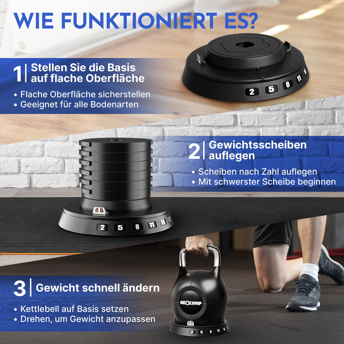 Kettlebell mit verstellbarem Gewicht (7 in 1) - bis 10 kg oder 20 kg - 2er-Set Kettlebell (1.5-10 kg & 2-20 kg) - Kettlebell von NEOLYMP | Fitnessequipment und Sportartikel
