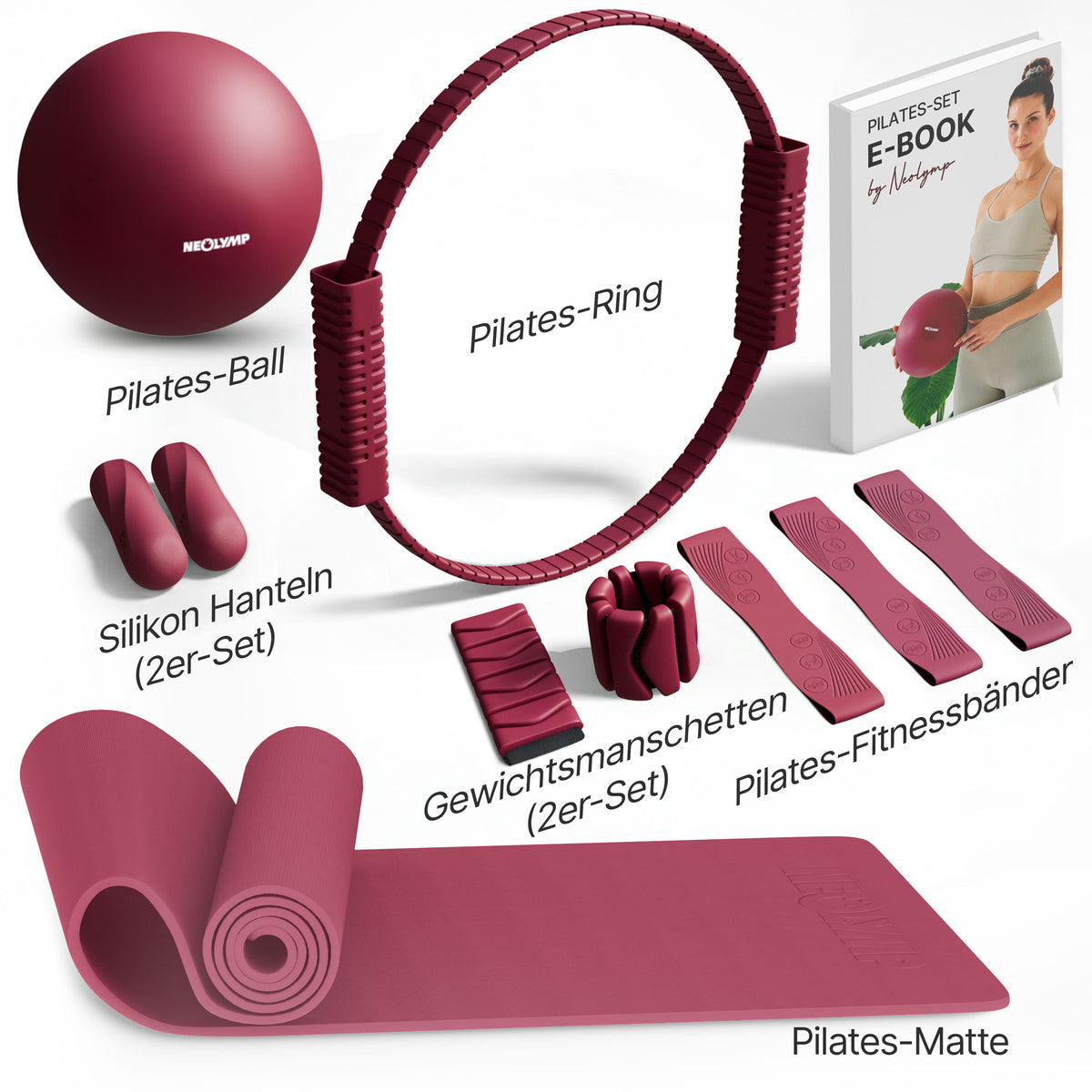 Pilates Komplett-Set Premium - mit Geschenkbox - Berry PLUS Set: mit Pilatesmatte - Sportgerät von NEOLYMP | Fitnessequipment und Sportartikel