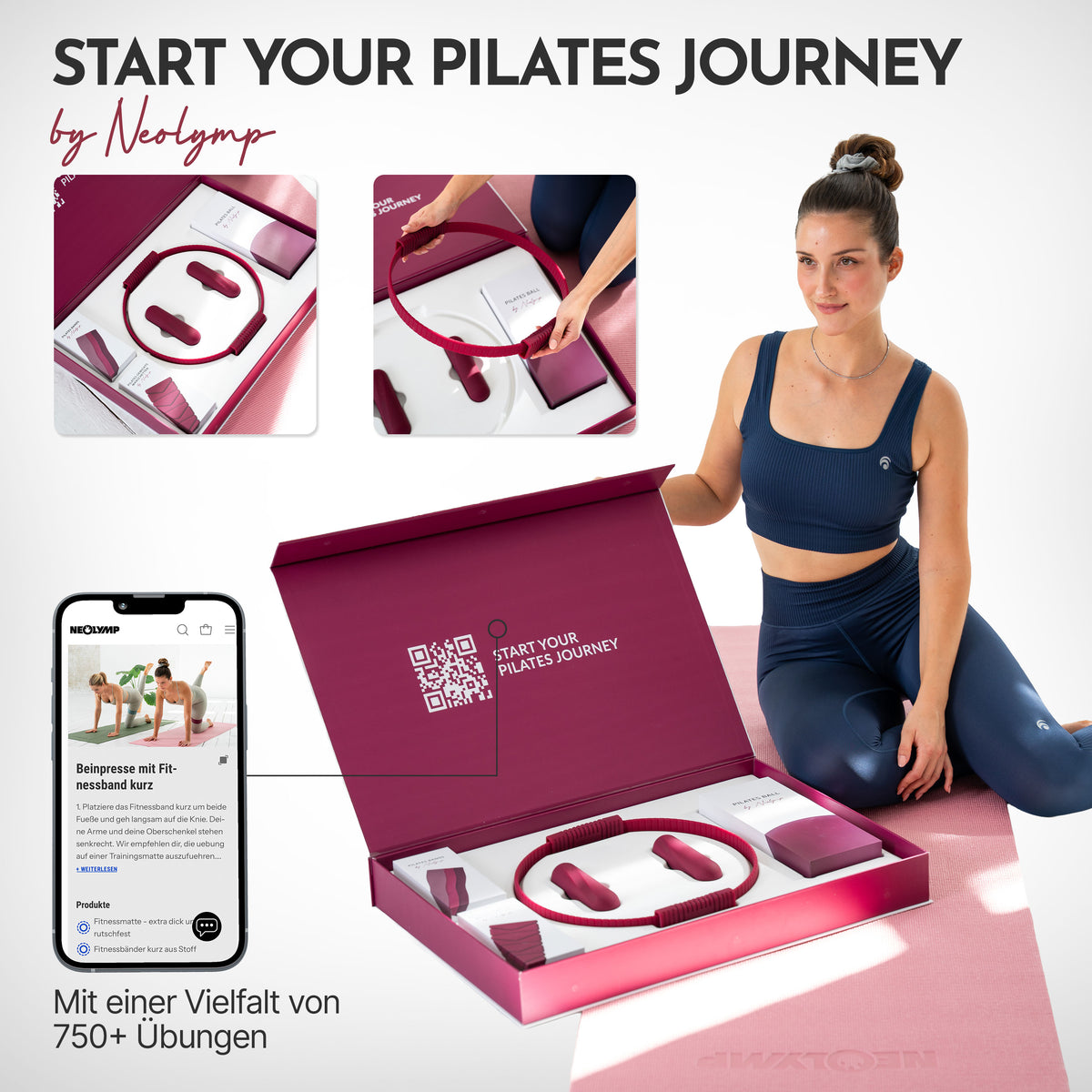 Pilates Komplett-Set Premium - mit Geschenkbox - Berry PLUS Set: mit Pilatesmatte - Sportgerät von NEOLYMP | Fitnessequipment und Sportartikel