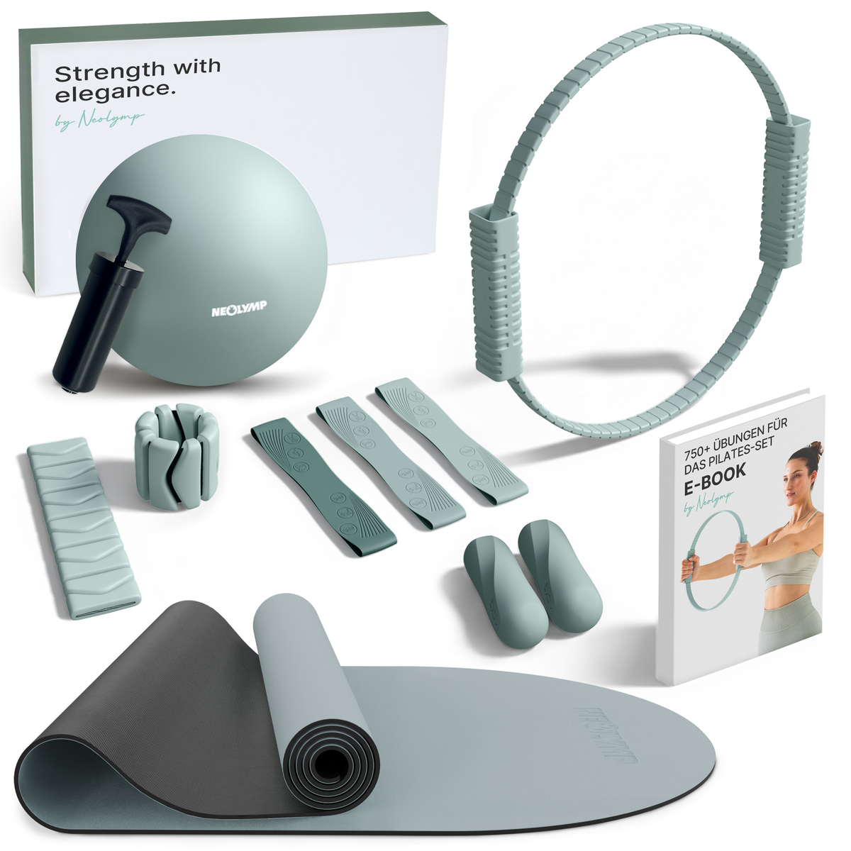 Pilates Komplett-Set Premium - mit Geschenkbox - Sky Blue PLUS Set: mit Pilatesmatte - Sportgerät von NEOLYMP | Fitnessequipment und Sportartikel