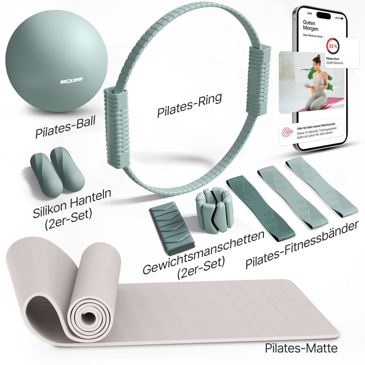 Pilates Komplett-Set Premium - mit Geschenkbox - Sky Blue PLUS Set: mit Pilatesmatte - Sportgerät von NEOLYMP | Fitnessequipment und Sportartikel