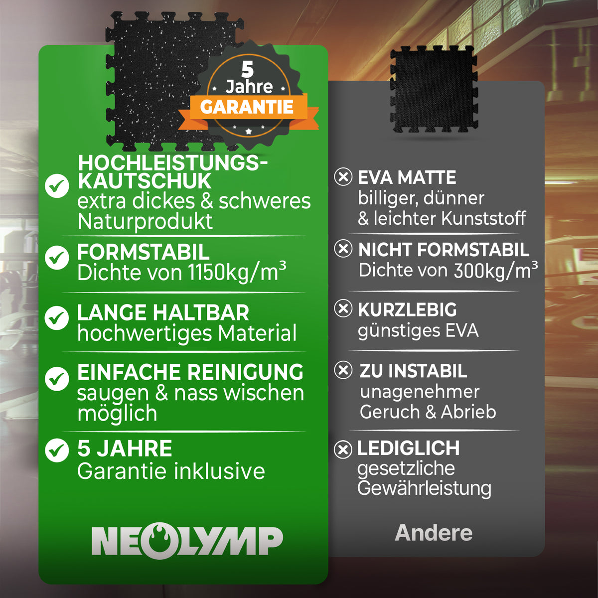 Robuste Bodenschutzmatte schwarz/grau gesprenkelt (Fitness Puzzlematte) – 1 x 8 Stück (8 Stück) (B‑Ware) - - Outlet von NEOLYMP | Fitnessequipment und Sportartikel