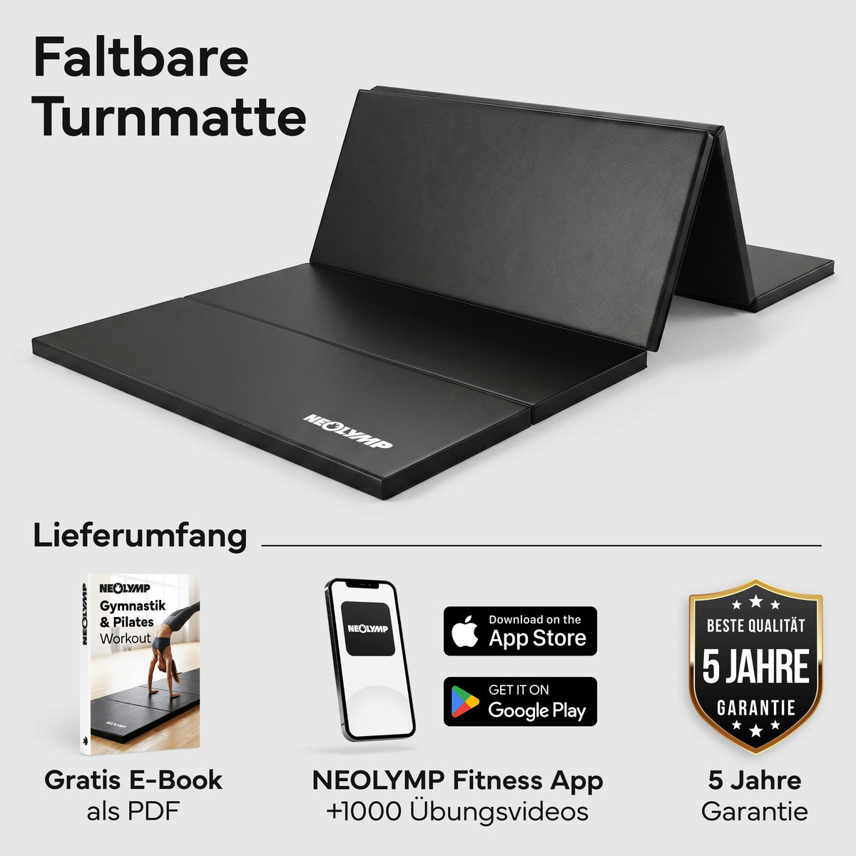 Turnmatte - faltbar mit Tragefunktion - Schwarz S (190x80x3 cm) - von NEOLYMP | Fitnessequipment und Sportartikel