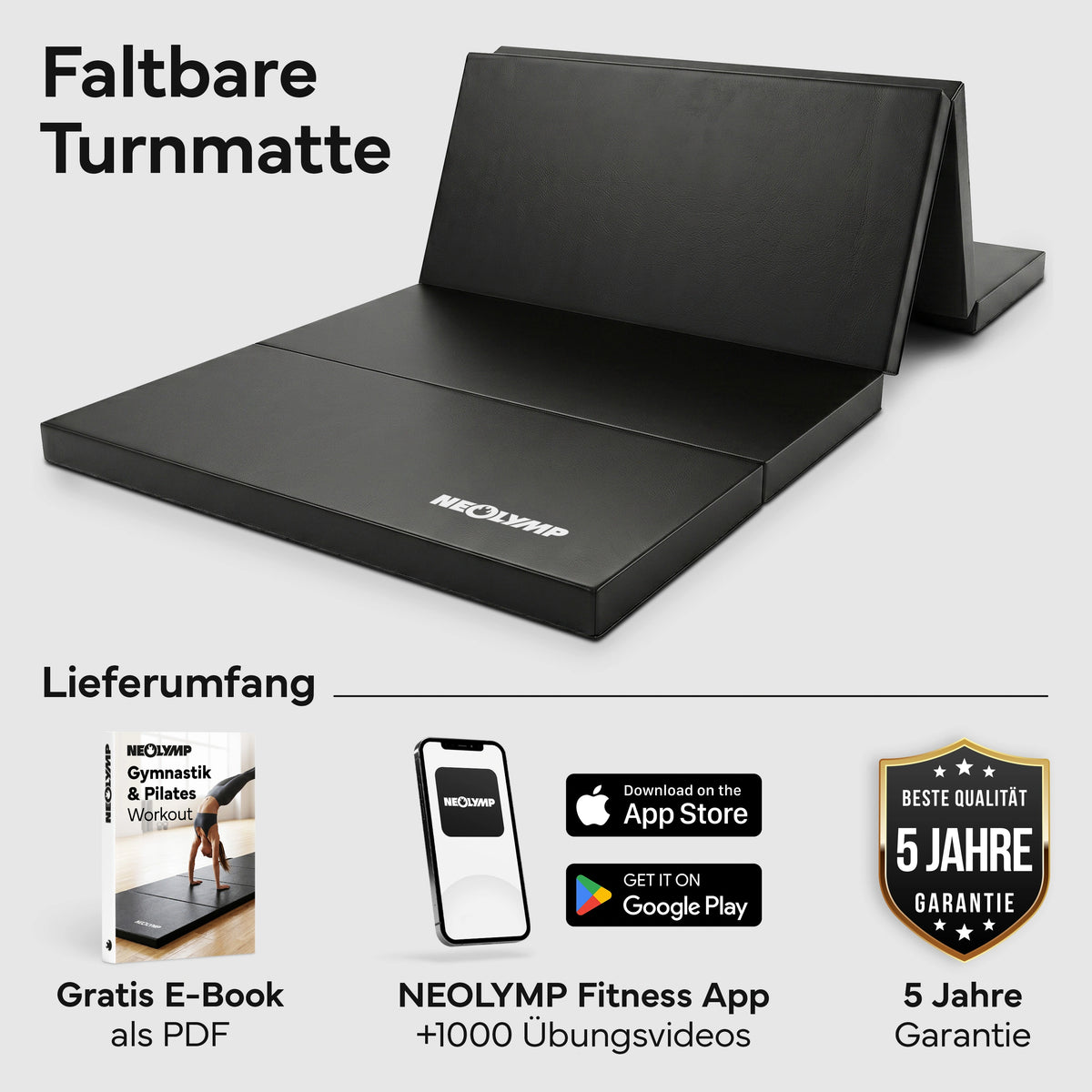 Turnmatte - faltbar mit Tragefunktion - Schwarz M (190x80x5 cm) - von NEOLYMP | Fitnessequipment und Sportartikel