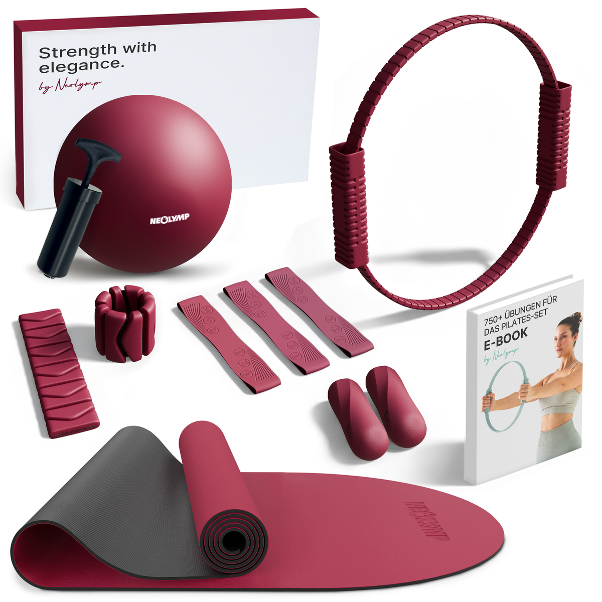 Pilates Komplett-Set Premium - mit Geschenkbox - Berry PLUS Set: mit Pilatesmatte - Sportgerät von NEOLYMP | Fitnessequipment und Sportartikel