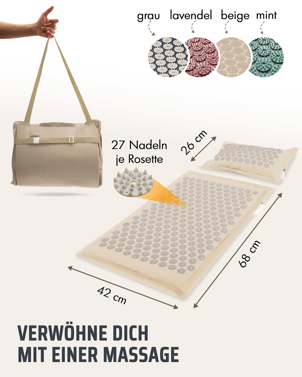 Akupressurmatte mit Kissen inkl. Stuhlbefestigung & Tragefunktion – Beige-Grau (B‑Ware) - - Outlet von NEOLYMP | Fitnessequipment und Sportartikel
