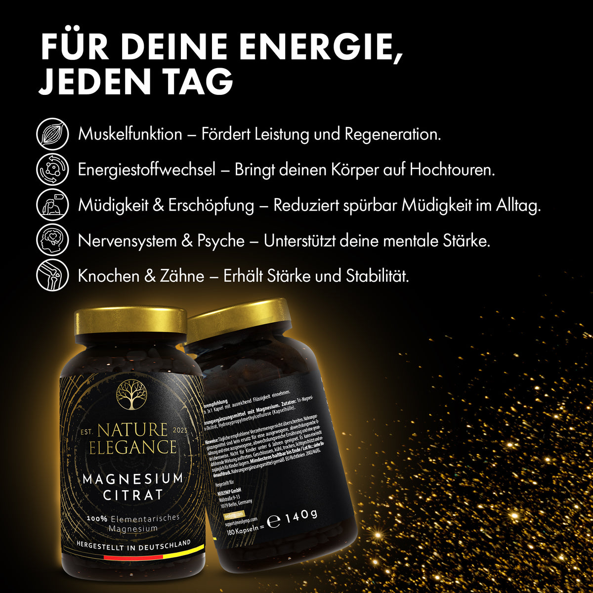 Nature Elegance - Magnesiumcitrat - vegane Kapseln 360mg pro Dosis (2er Pack (360 Stück)) - - Nahrungsergänzungsmittel von NEOLYMP | Fitnessequipment und Sportartikel